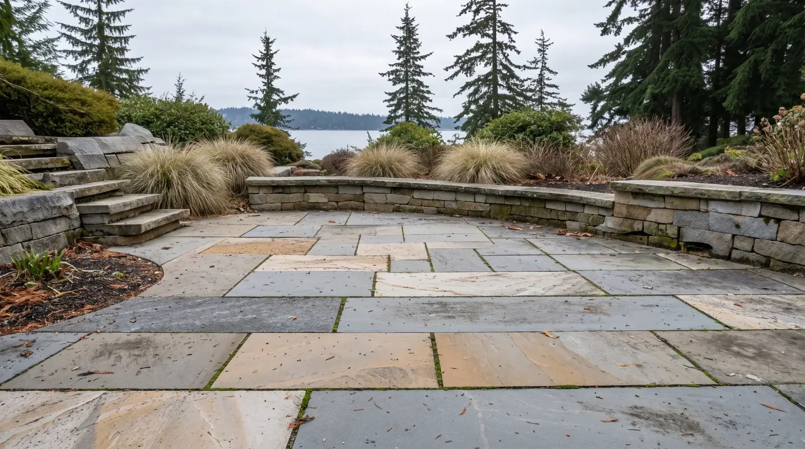 Large-format stone patio in mixed grey and buff tones with a curved seat wall