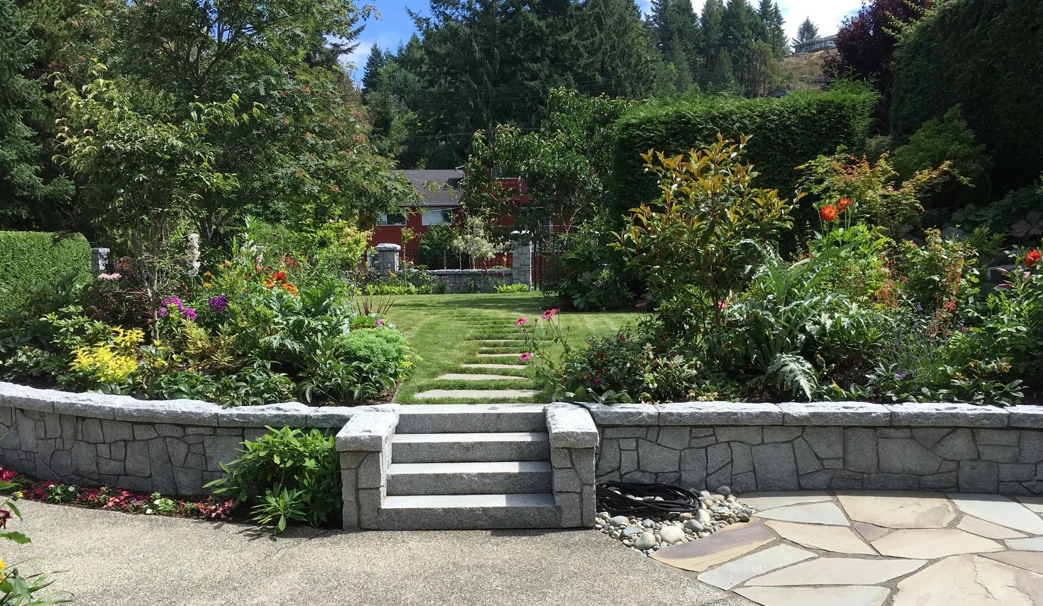 Stone steps rising between planted borders in a mature garden