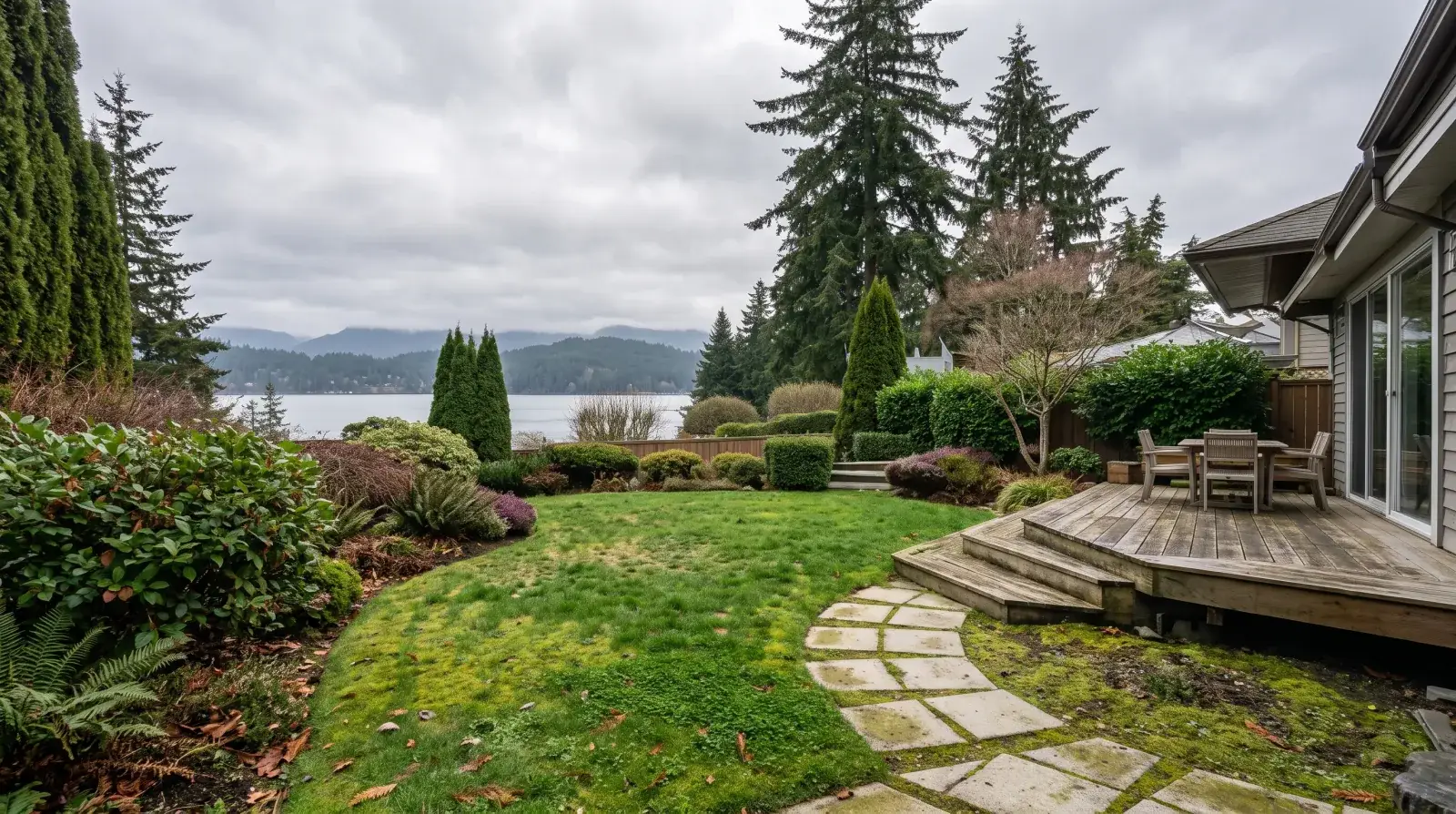 Terraced backyard with a curved stepping-stone path, lawn and mixed borders above the water