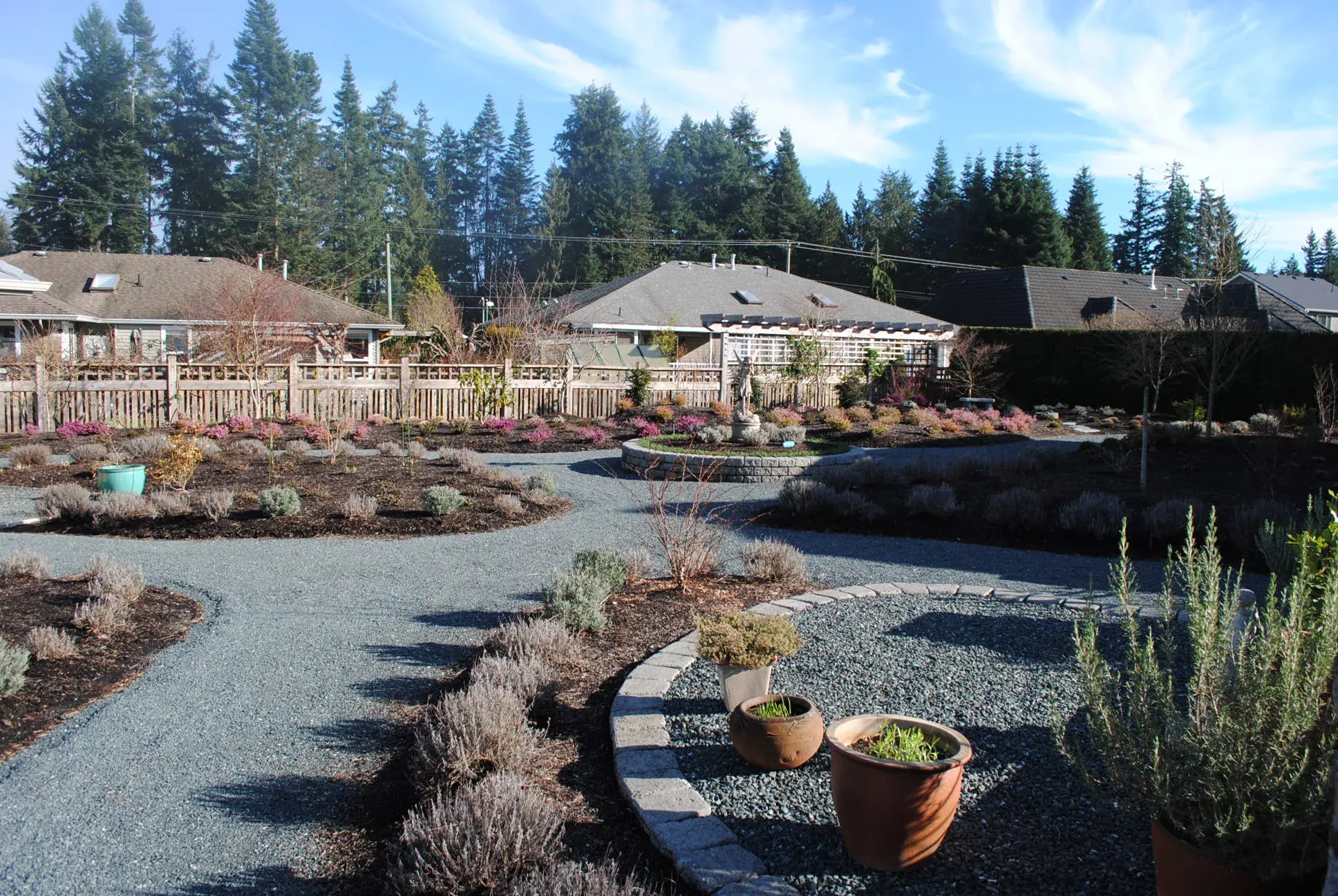 Gravel path winding between planted beds and a lawn