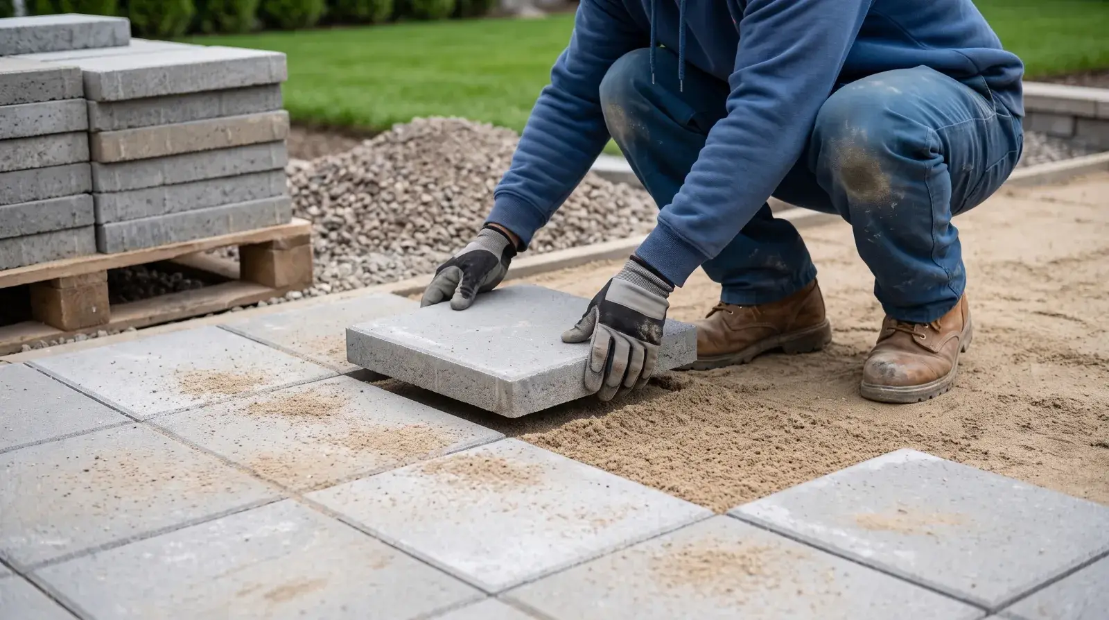 Paving slabs being set on a screeded bedding layer during a patio installation