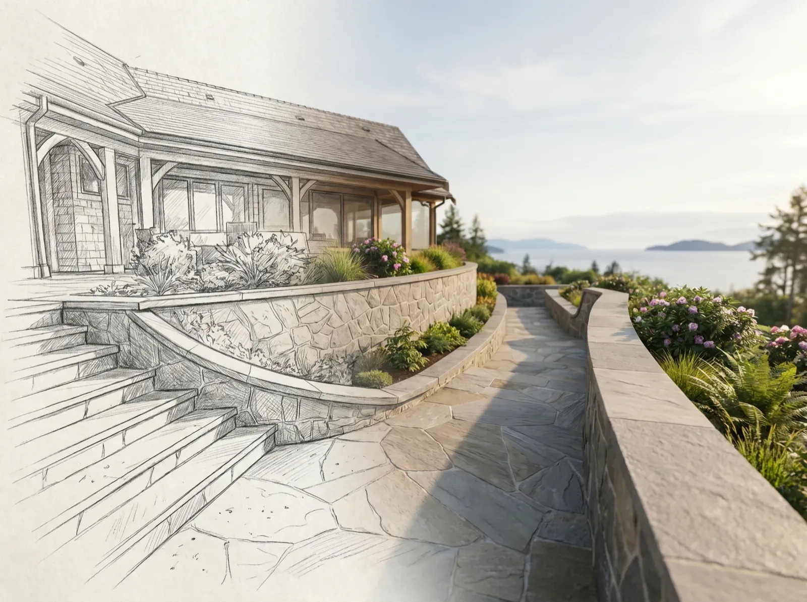 Sketch-to-render design concept of the finished property: curved stone retaining wall, flagstone path, and planted beds with the ocean view