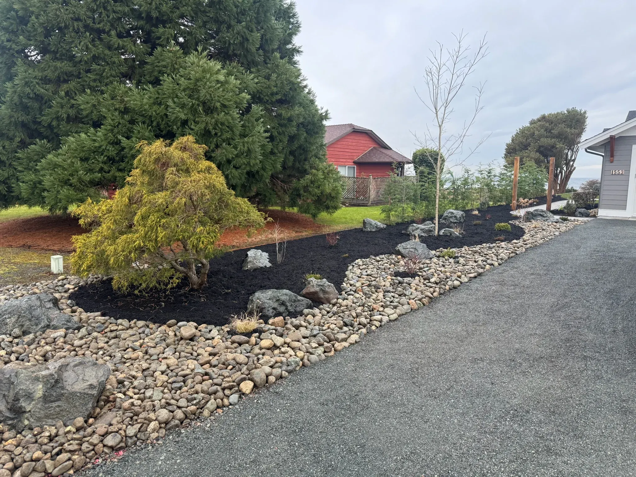 Newly planted beds with mulch and river rock along a gravel driveway