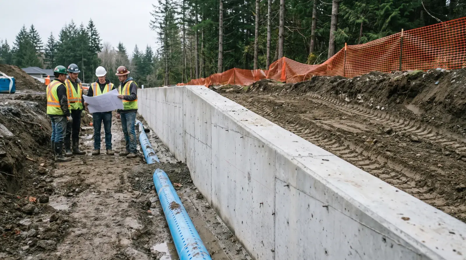 Crew reviewing drawings beside a poured concrete retaining wall on a cleared site