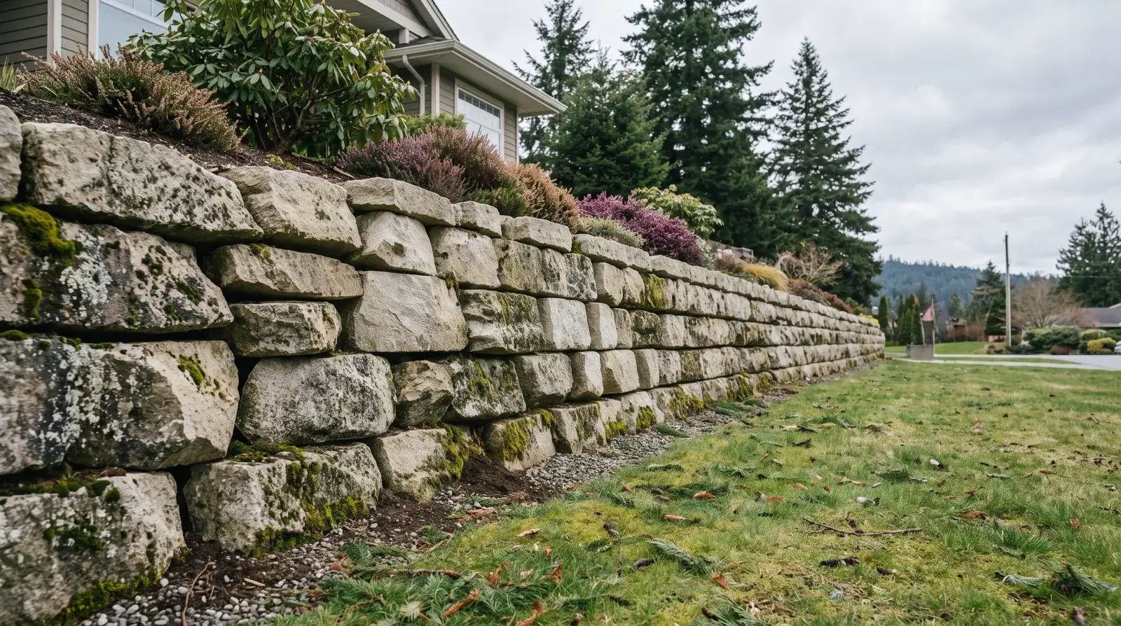 Stacked stone retaining wall running along a lawn edge below a house