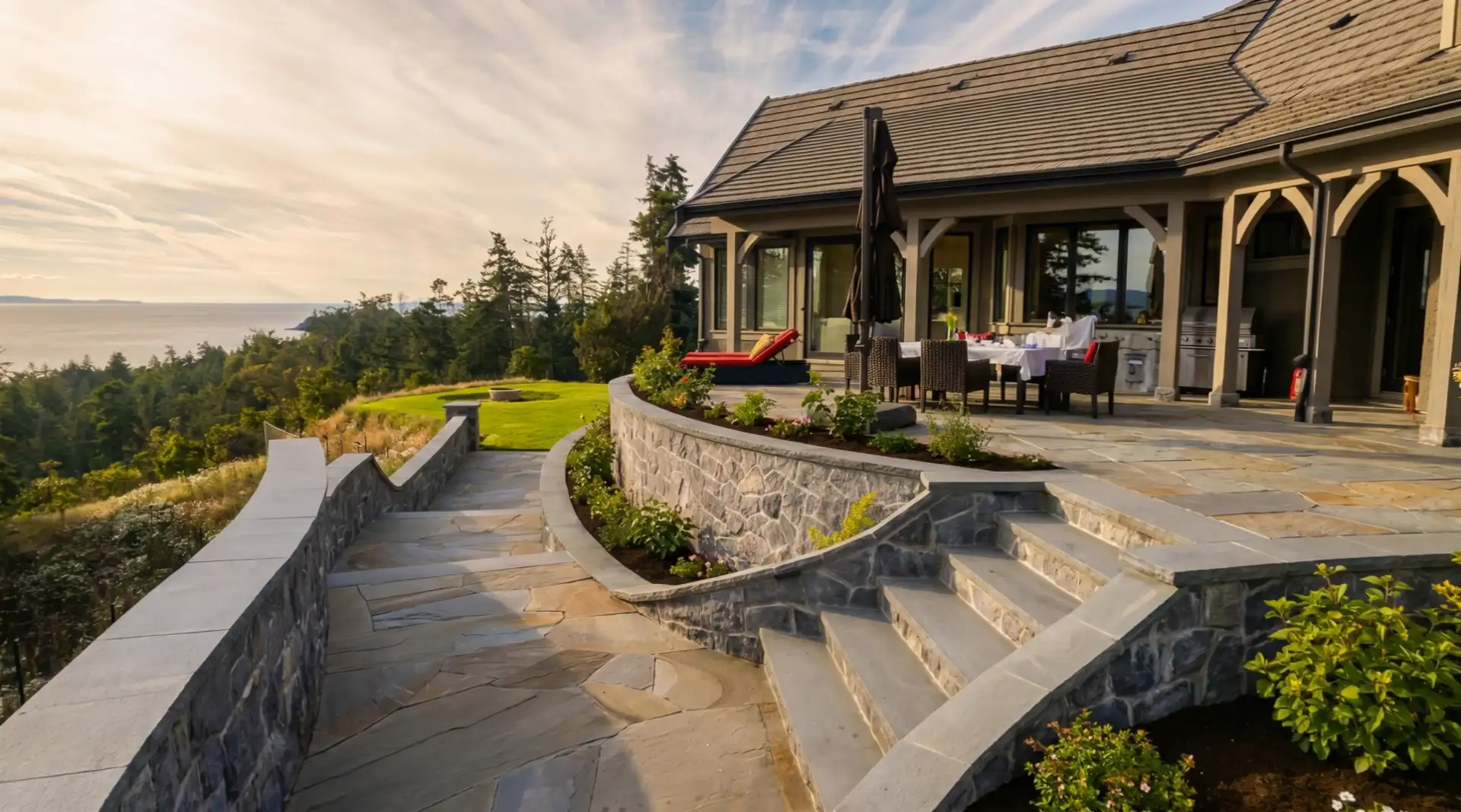 A Sharp Design outdoor living project overlooking the ocean in Nanoose Bay