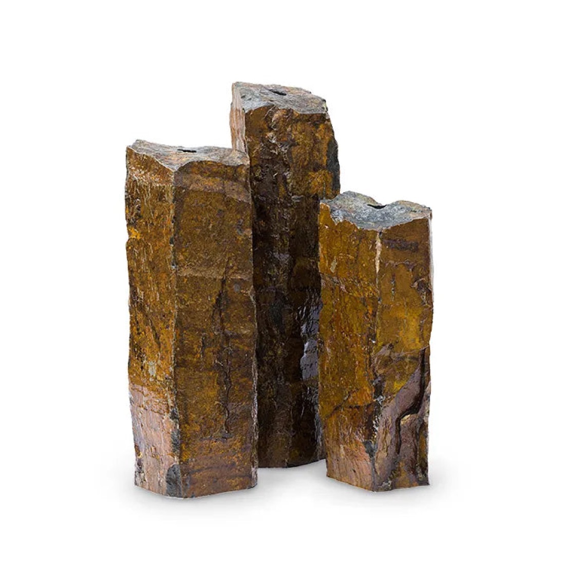 Set of three natural Mongolian basalt column fountains with water bubbling from the drilled tops
